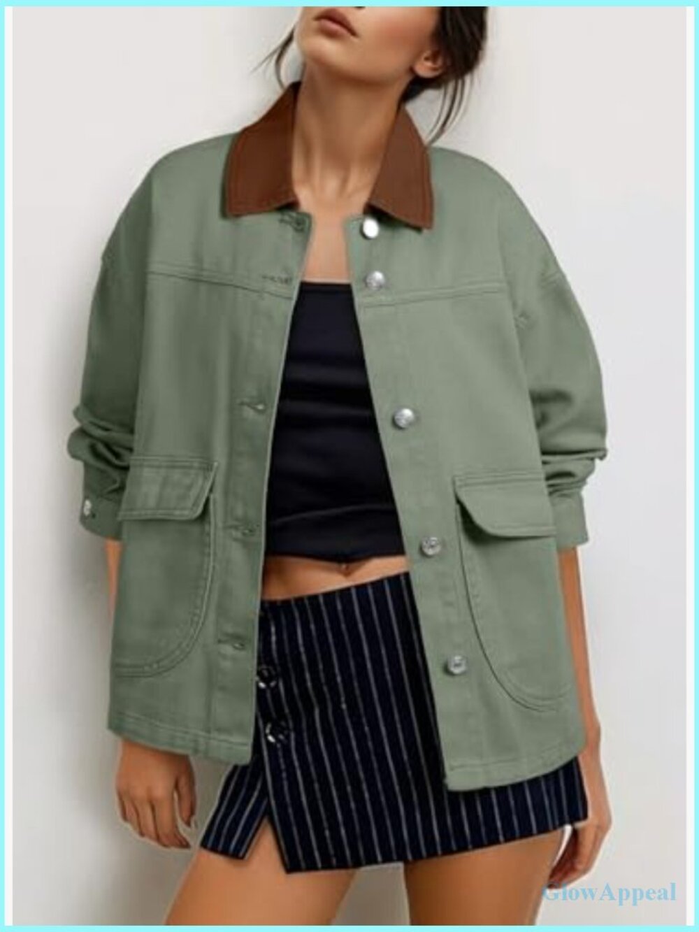Oversized Denim Jacket with Button Down Front and Pockets - Picture 2 of 7